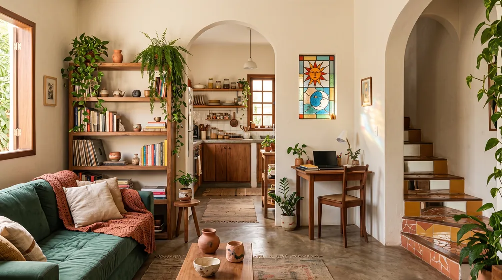 Ilustração criada com IA: casa acolhedora com plantas, livros, cozinha e canto de trabalho